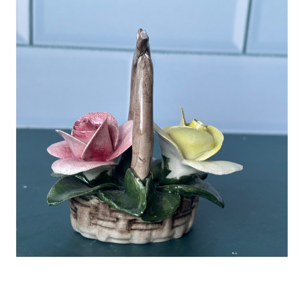 Vintage Capodimonte Style Porcelain Flower Basket Pink Yellow Roses Figurine